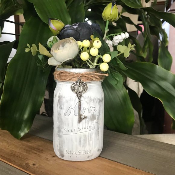 Handmade Black and Gray Floral Arrangement in Metallic Silver and White Kerr Jar - Picture 2 of 7